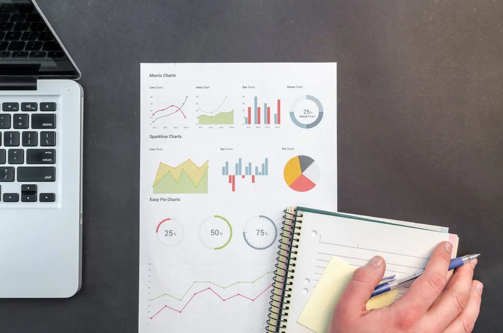 Laptop, charts and management reports on a desk